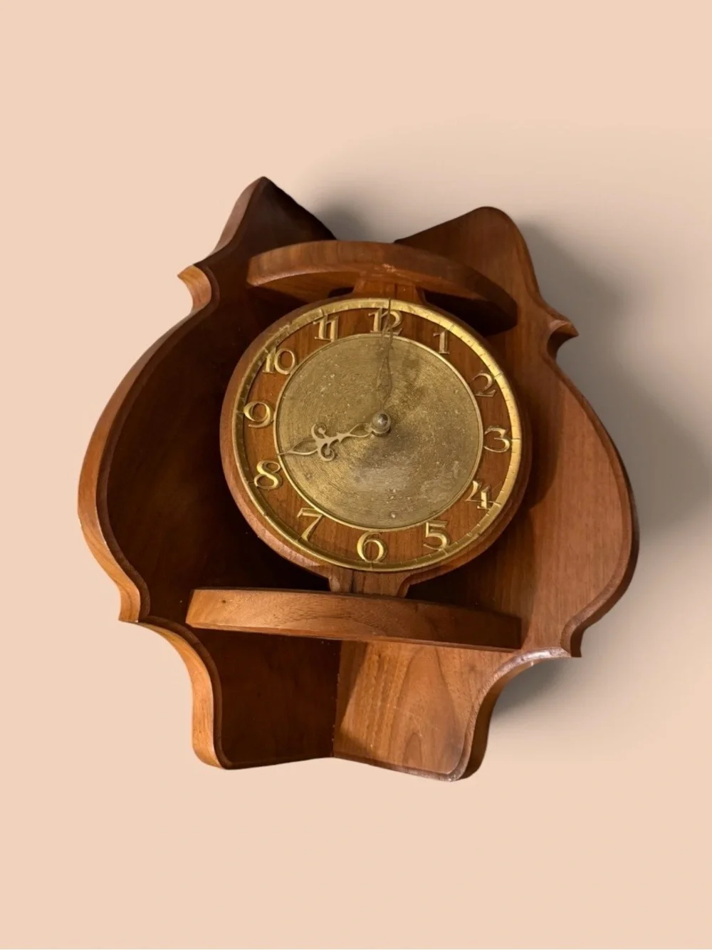 Vintage~Wood Wall Corner Clock~Analog~Gold Tone Face~Mid-Century Modern